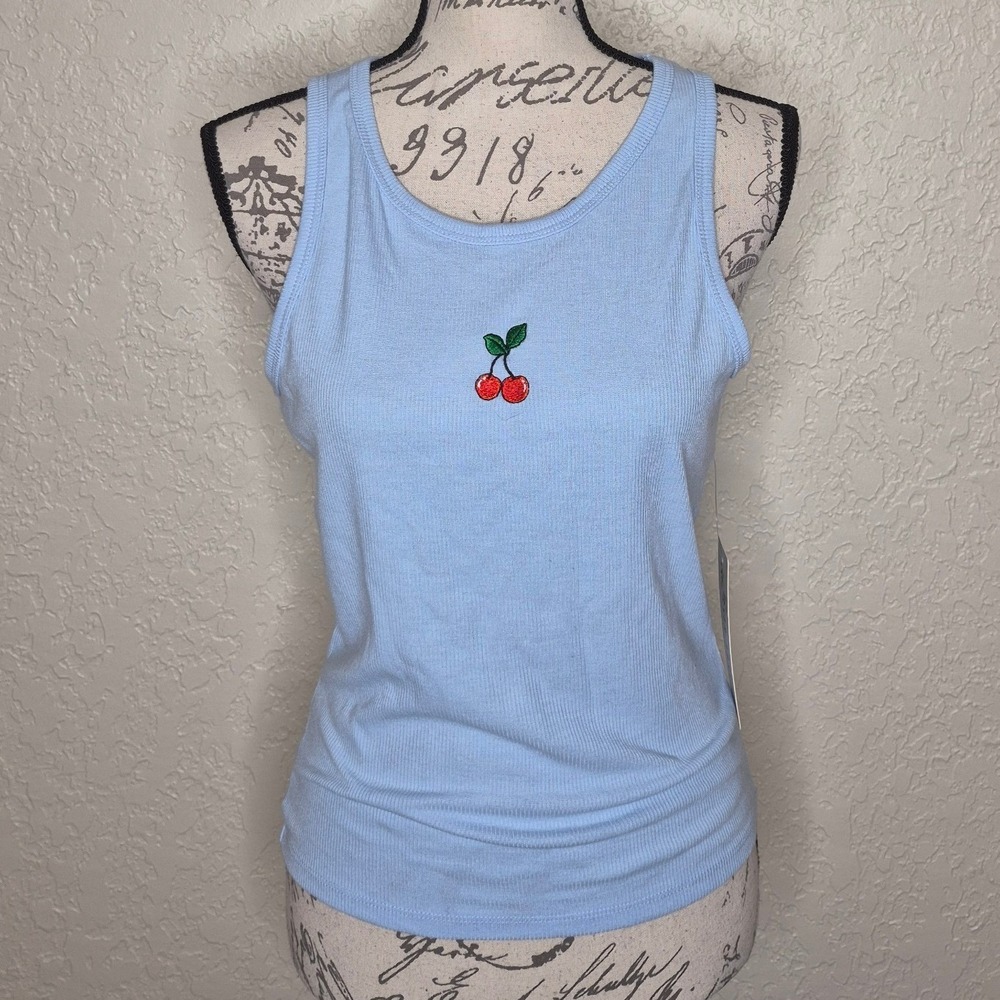Orange Kiss Light Blue Ribbed Cherry Embroidered Tank Top Size L NEW
